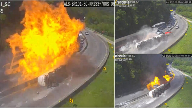 Camiao-carregado-com-alcool-tomba-e-incendio-consome-dezenas-de-carros-na-estrada