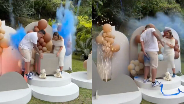 Cha-revelacao-torna-se-viral-apos-canhao-de-fumo-atingir-pai-num-momento-verdadeiramente-insolito