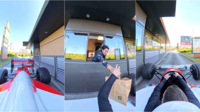 Homem surpreende funcionários do McDonald’s ao chegar num carro de Fórmula 1
