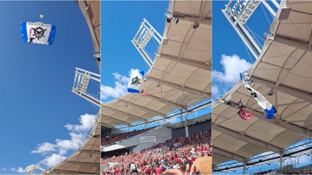 Paraquedista ficou preso na cobertura do estádio em Toulouse