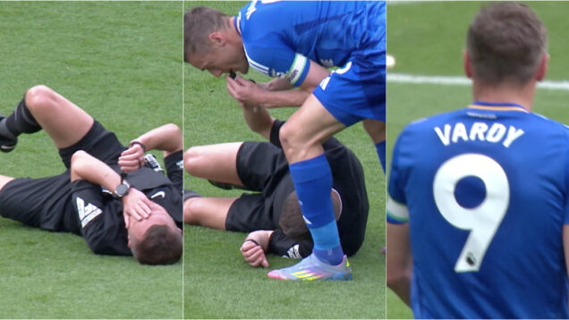 Árbitro da Premier League caiu lesionado na estreia e a falta foi assinalada por Jamie Vardy