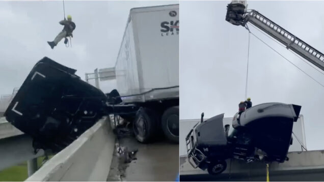 Camionista sofreu acidente e ficou com a cabine do camião pendurada em ponte