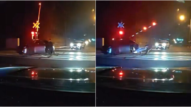 Policias-salvam-homem-segundos-antes-de-comboio-destruir-carro-parado-na-linha