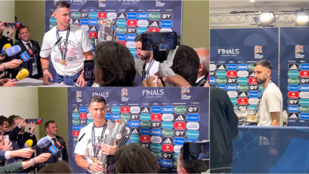 Bruno Fernandes fez questão de colocar a taça junto de Ronaldo no momento em que falava aos jornalistas