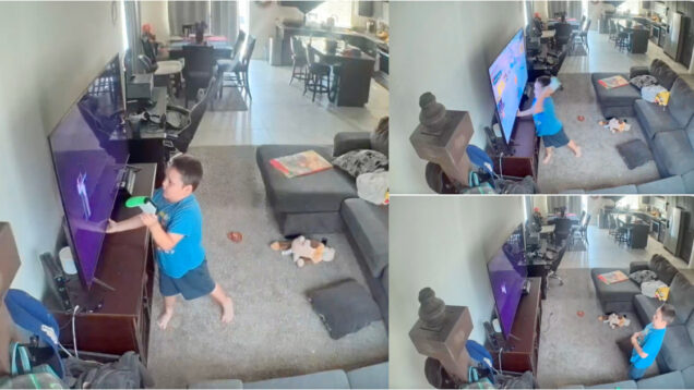 Criança bate com comando da consola na TV e fica em choque quando o esperado acontece
