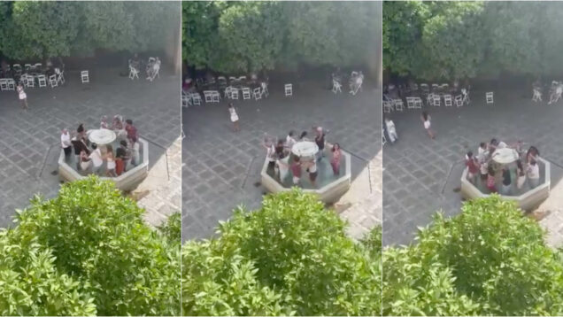 Espanhóis indignados com turistas portugueses a dançar em fonte no centro histórico de Sevilha