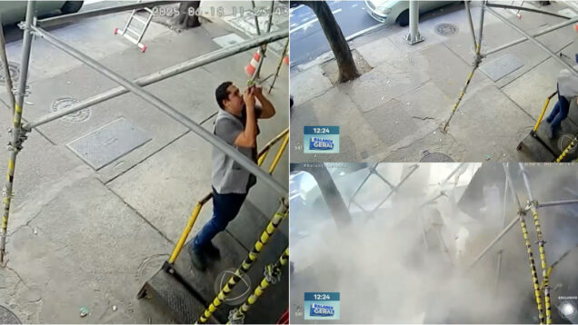 Homem escapa por pouco de desabamento de andaimes enquanto fotografava obra