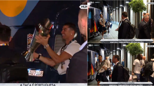 Ronaldo foi exibir o troféu aos adeptos à chegada ao hotel e foi a loucura