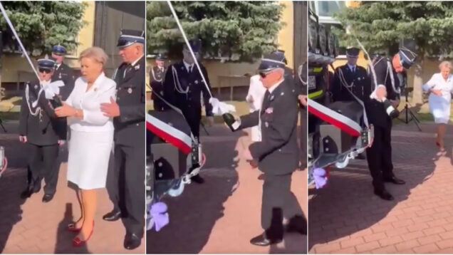Tentativa de batizar um novo carro dos bombeiros com uma garrafa de champanhe indestrutível rouba a cena
