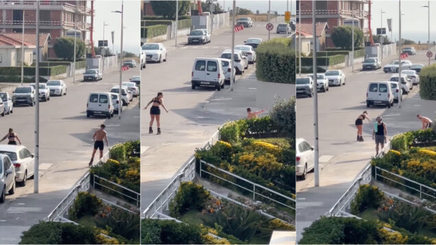 Ukra esbardalha-se ao comprido ao sai à rua de patins