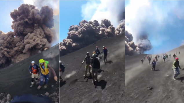 Vídeo mostra fuga impressionante de turistas durante erupção do vulcão Etna
