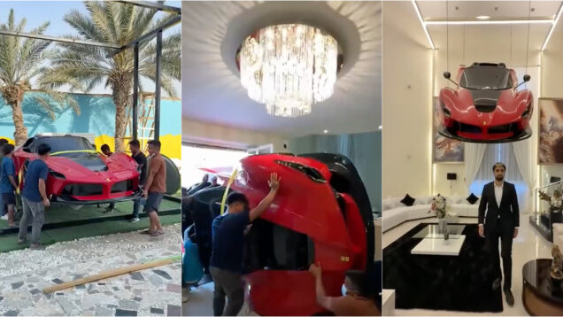Milionário do Dubai transforma “Ferrari” em lustre gigante no teto da mansão
