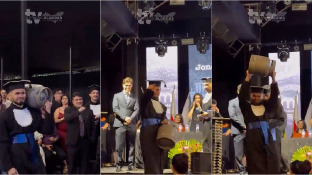 Recém-licenciado homenageia o pai com botija de gás às costas na formatura e emociona as redes sociais