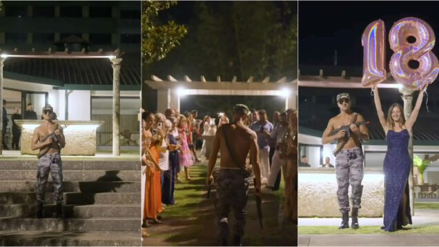 Ukra surpreende na festa da filha com traje militar e recado aos futuros pretendentes