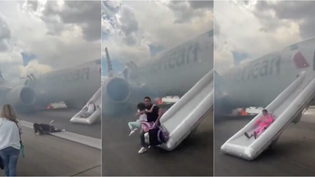 passageiros fogem de avião em chamas pelo escorrega de emergência