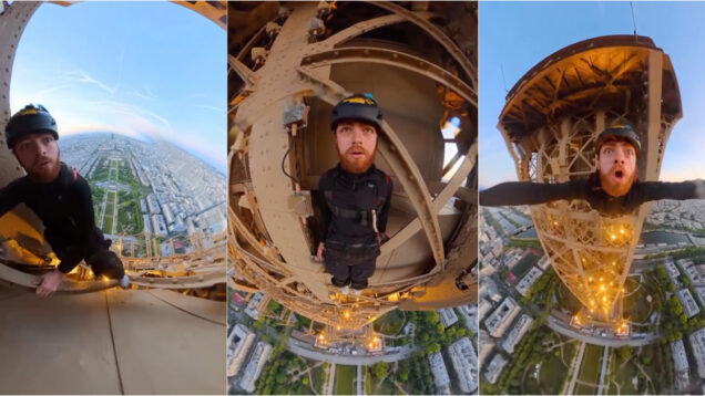 Após escalar a Torre Eiffel, homem salta de paraquedas e filma tudo
