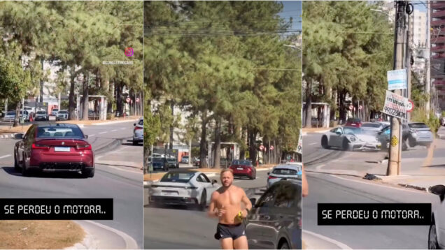 Condutor de Porsche 911 Carrera S borra a pintura ao tentar alcançar BMW à saída de uma rotunda