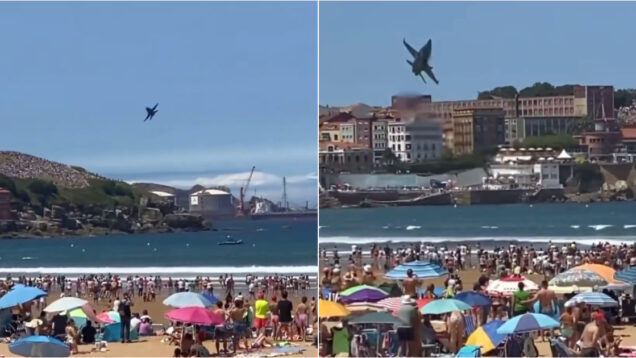 F-18 assusta banhistas ao desviar-se de aves com manobra brusca em show aéreo em Espanha