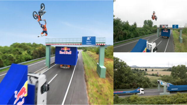 Luc Ackermann faz história com backflip de moto entre dois camiões em movimento