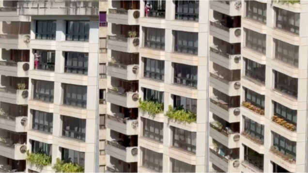 Mulher desafia o perigo ao limpar janelas do 13º andar sem equipamentos