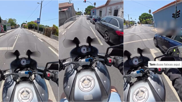 Automobilista e motociclista trocam palavras sobre a presença ou não de duas faixas na estrada