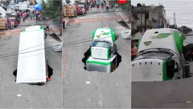Buraco na rua engole camião na Cidade do México imagens impressionam