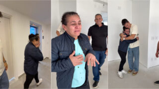 Funcionária não contém as lágrimas após receber de presente um apartamento do apresentador brasileiro Rodrigo Faro