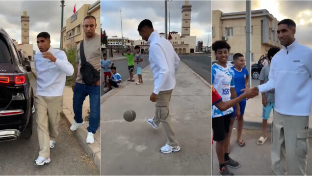 Hakimi faz pausa a caminho do estágio da seleção de Marrocos para jogar futebol com algumas crianças