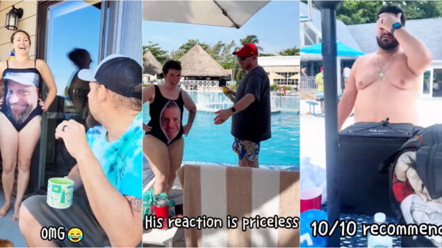 Mulheres surpreendem respetivos companheiros nas férias com fatos de banho personalizados