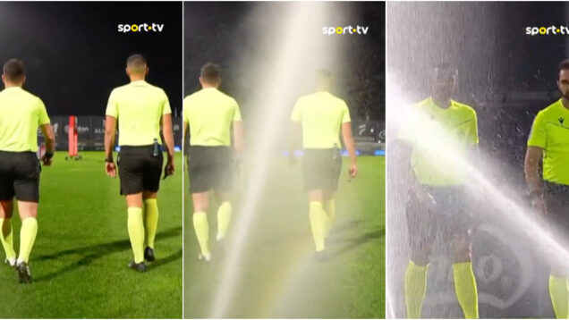 Árbitros protestaram, mas foram atingidos pela rega antes do Famalicão-FC Porto