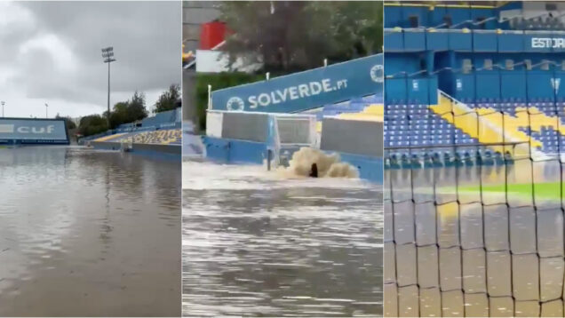 Estádio do Estoril ficou transformado numa piscina devido à chuva