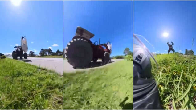 Trator passa por cima de Harley-Davidson estacionada no local errado à hora errada