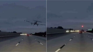 Avião faz aterragem de emergência em autoestrada e colide com carro