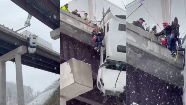 Camião fica pendurado numa ponte nos EUA durante nevão e motorista é resgatado