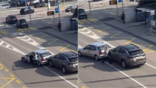 Discussão no trânsito termina em acidente absurdo numa rotunda Suíça