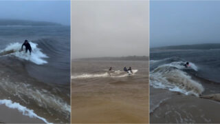 Lagoa de Albufeira abre ao mar e surfistas aproveitam cenário raro para entrar na água
