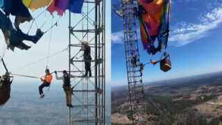 Balão de ar quente colide com torre no Texas e deixa duas pessoas presas a 270 metros de altura