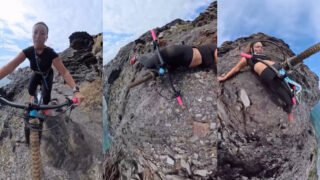 Ciclista filmou momento em que quase caiu de penhasco durante passeio com a sua cadela