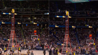 Mascote dos Nuggets acerta triplo “impossível” de costas a 10 metros de altura