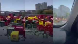 Fecho de camião solta-se e espalha dezenas de garrafas de cerveja numa avenida do Porto