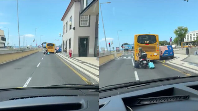 Motociclista surpreende ao transportar duas malas de viagem a arrastar no asfalto no Funchal