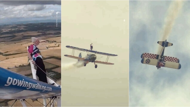 Britânica de 97 anos volta a bater recorde ao voar na asa de um avião