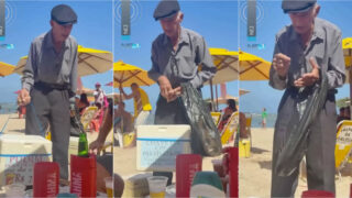 Idoso de 85 anos vende pudins na praia para conseguir dinheiro para exames médicos
