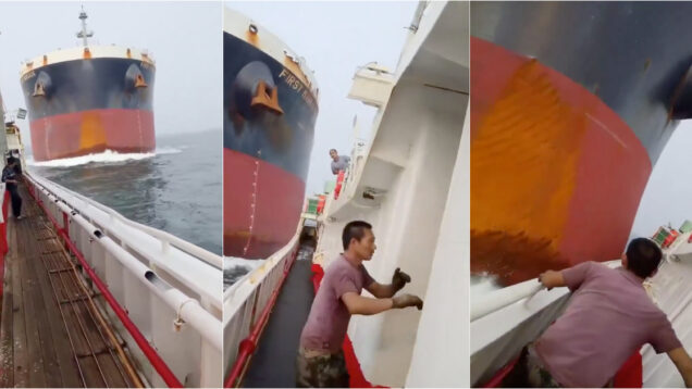 Navio de 229 metros atinge barco de pesca e vídeo mostra o momento de pânico a bordo