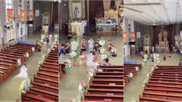 Noiva atravessa igreja com água pela cintura para se casar nas Filipinas