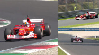 Sebastian Vettel conduz o Ferrari F2002 de Schumacher no mítico circuito de Monza
