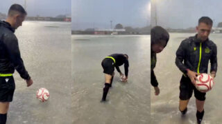 Chuva transforma relvado numa piscina e árbitro protagoniza momento insólito