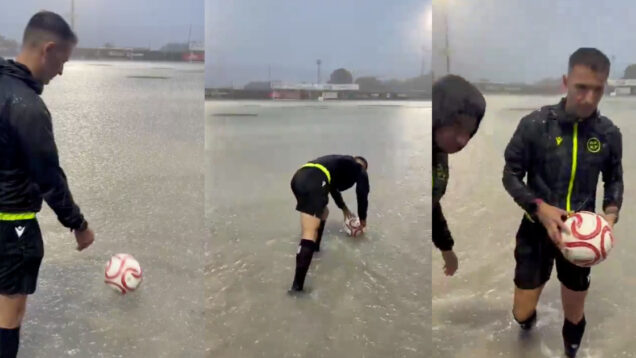 Chuva transforma relvado numa piscina e árbitro protagoniza momento insólito