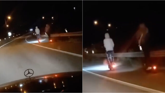 Condutores filmam dois indivíduos de trotinete elétrica na A23 durante a noite