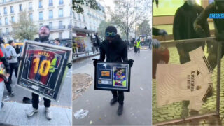 Encapuzados exibem artigos históricos de Messi e Zidane após pilhagens em Paris